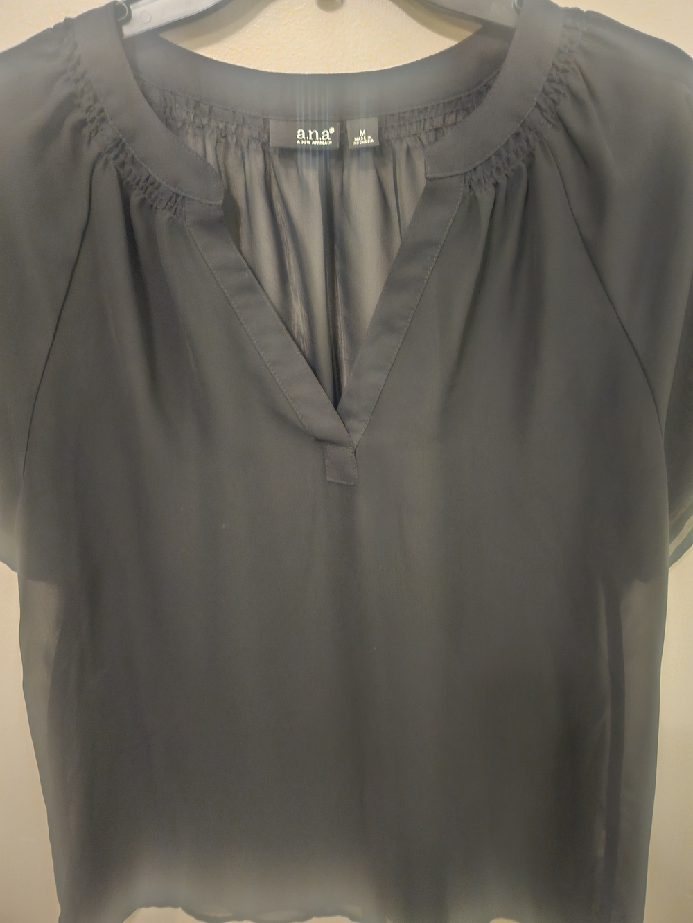 a.n.a Black Short-Sleeve Sheer Split-Neck Blouse